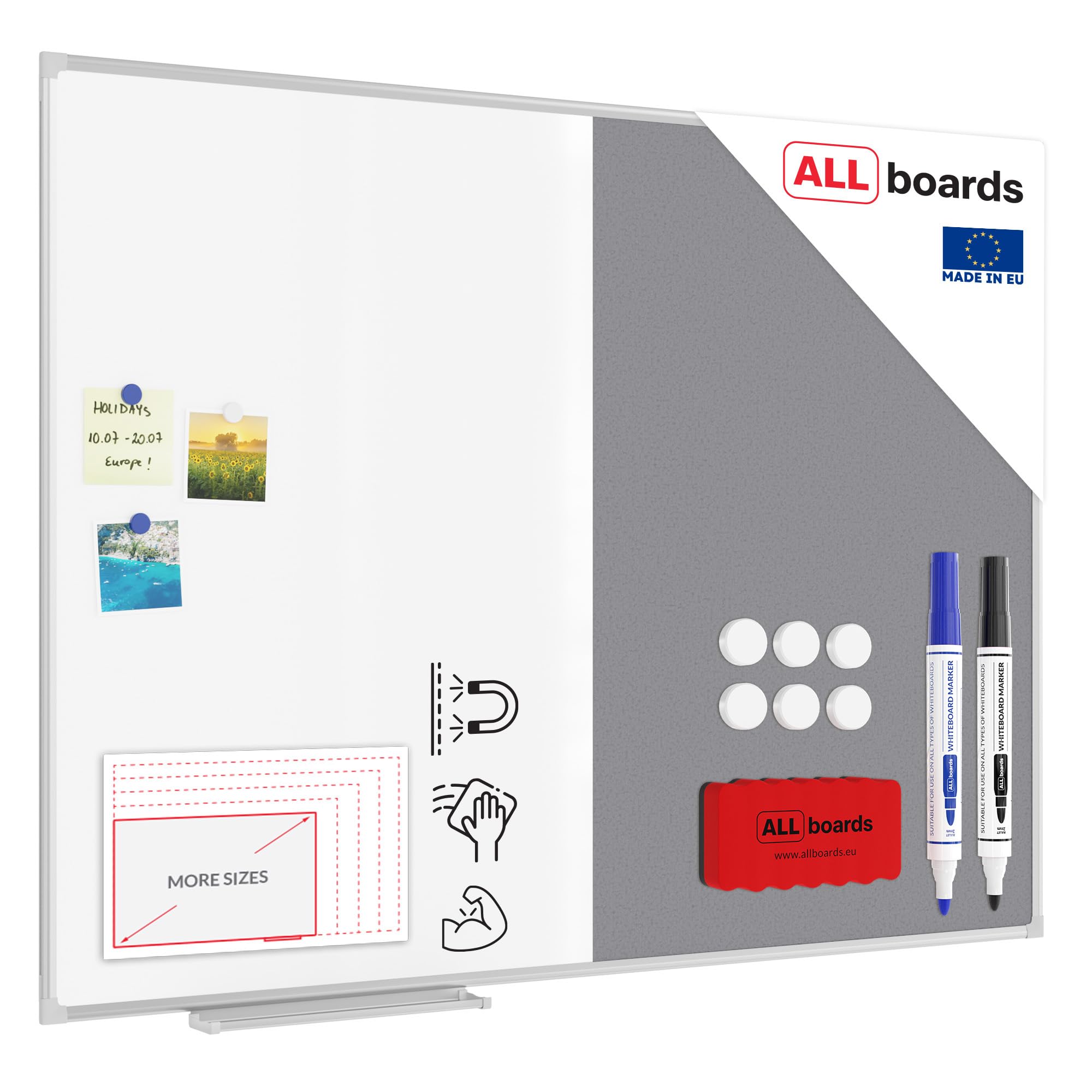 ALLboards Kombitafel 2 in 1 Magnettafel & Grau Filz-Pinnwand mit Aluminiumrahmen 120x90cm, Textiltafel Whiteboard