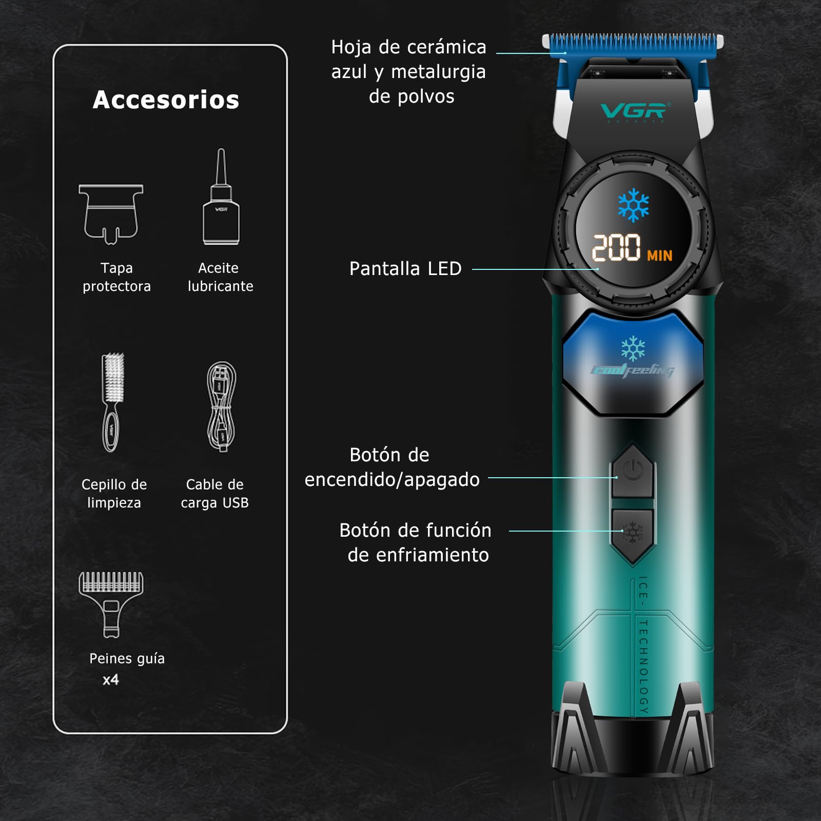 VGR 946 Maquina de Cortar Pelo Hombre, Función de Refrigeración | Inalámbrica Maquina Cortar Pelo Hombre Conhoja de Metalurgia de Polvo Cerámico Azul, Motor 8000 RPM, Pantalla LED