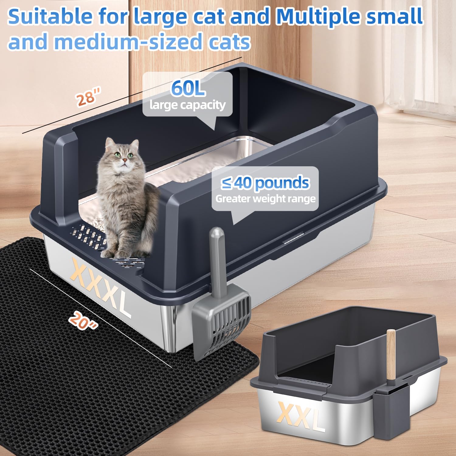 XXXL Extra Large Stainless Steel Litter Box, 28" L x 20" W x 14" H Super Large Stainless Steel Litter Box, Suitable for Large Cats and Multiple Cats, Non-Sticky, Anti-Leakage, Easy to Clean - image 7