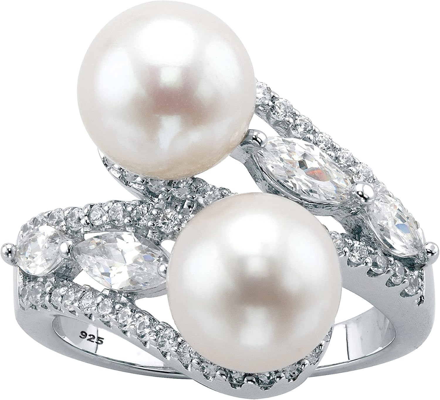 Sterling Silver Round Genuine Cultured Freshwater Pearl (9mm) with Marquise Cubic Zirconia Bypass Ring
