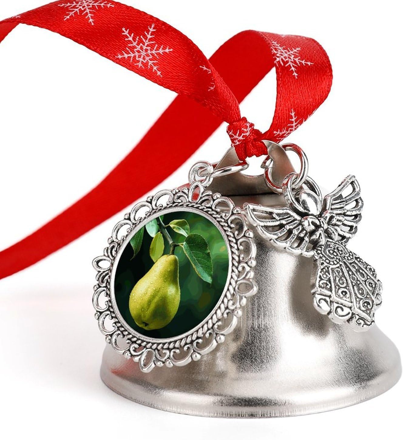 Pears on The Tree Christmas Bells Ornaments with Wings & Heart Silver Bell Pendant for Christmas Tree Home Door Mantle Fireplace Decoration