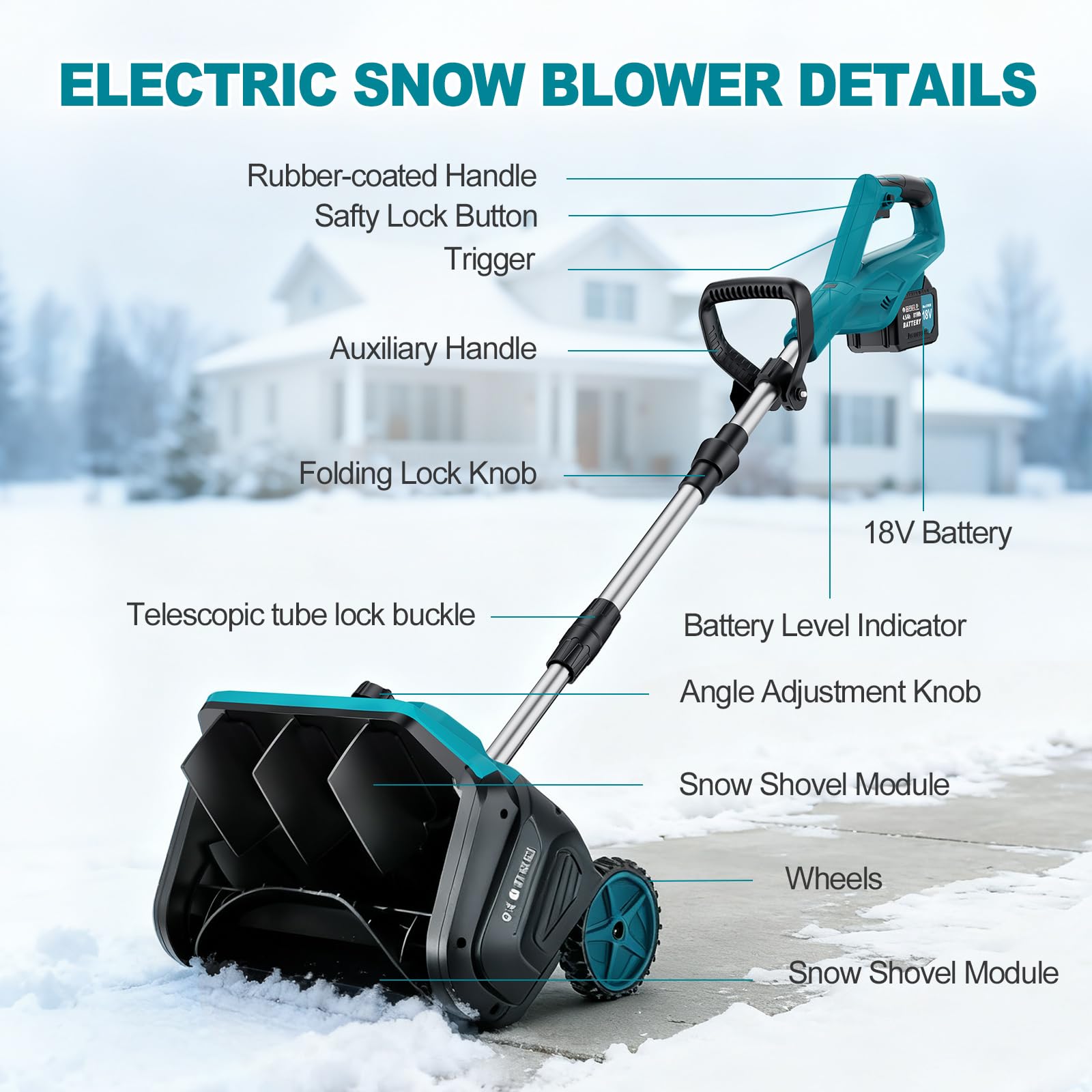 Fraise à Neige sans Fil avec 2x4,5Ah 18V Batteries, Pelle à Neige éLectrique,Brosse à Neige sans Fil 1000W, avec Largeur Déblaiement 40cm, Distance De Projection 8m, Portée et Direction Réglables