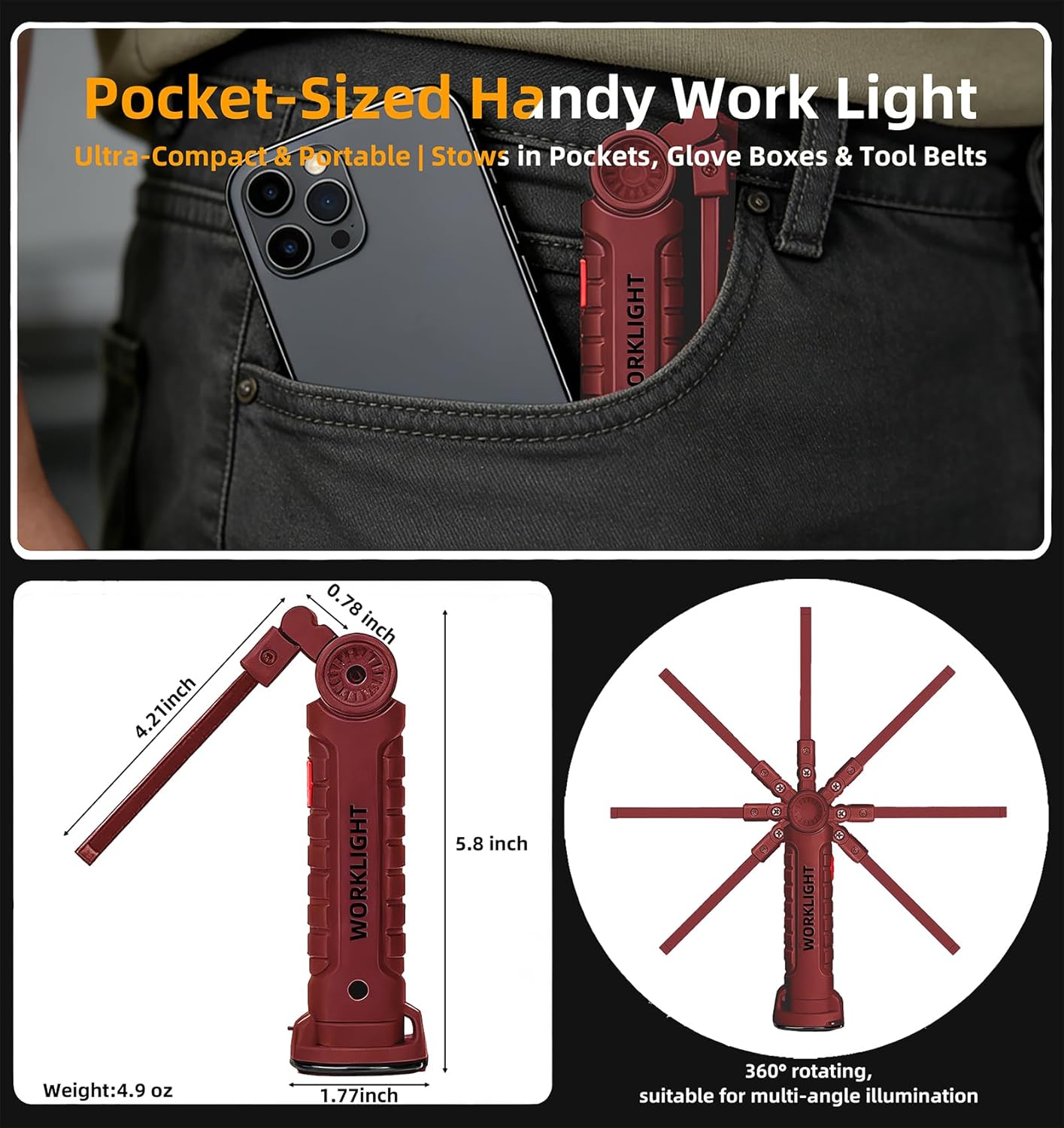 Rechargeable Work Light Flashlight, Tool Fathers Day Dad Gifts for Men Him Husband Grill Light Inspection Lamp with Magnetic Base Hook, 5 Modes 360° Rotate Car Emergency Repair 4 Pack