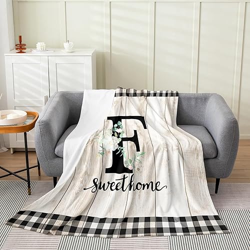 Miniatura 18 de Erosebridal Flower Initial S Flannel Blanket White Floral Flowers Fleece Blanket,40"X50",Personalized Letters Fuzzy Plush Throw for Sofa Beige Negro