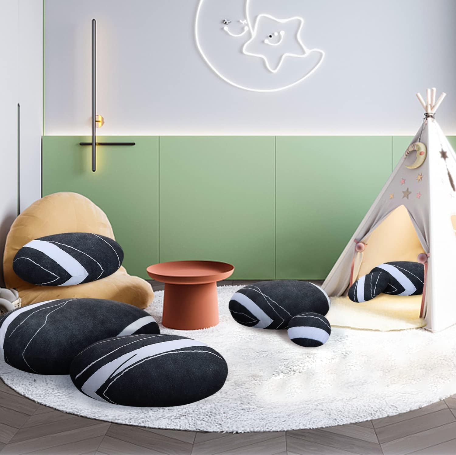 WOWMAX Three-Dimensional Curve Living Stones 7 Piece Set Floor Pillows Mixed Designs Home Decoration Stuffed Throw Pillows Black Cobblestone