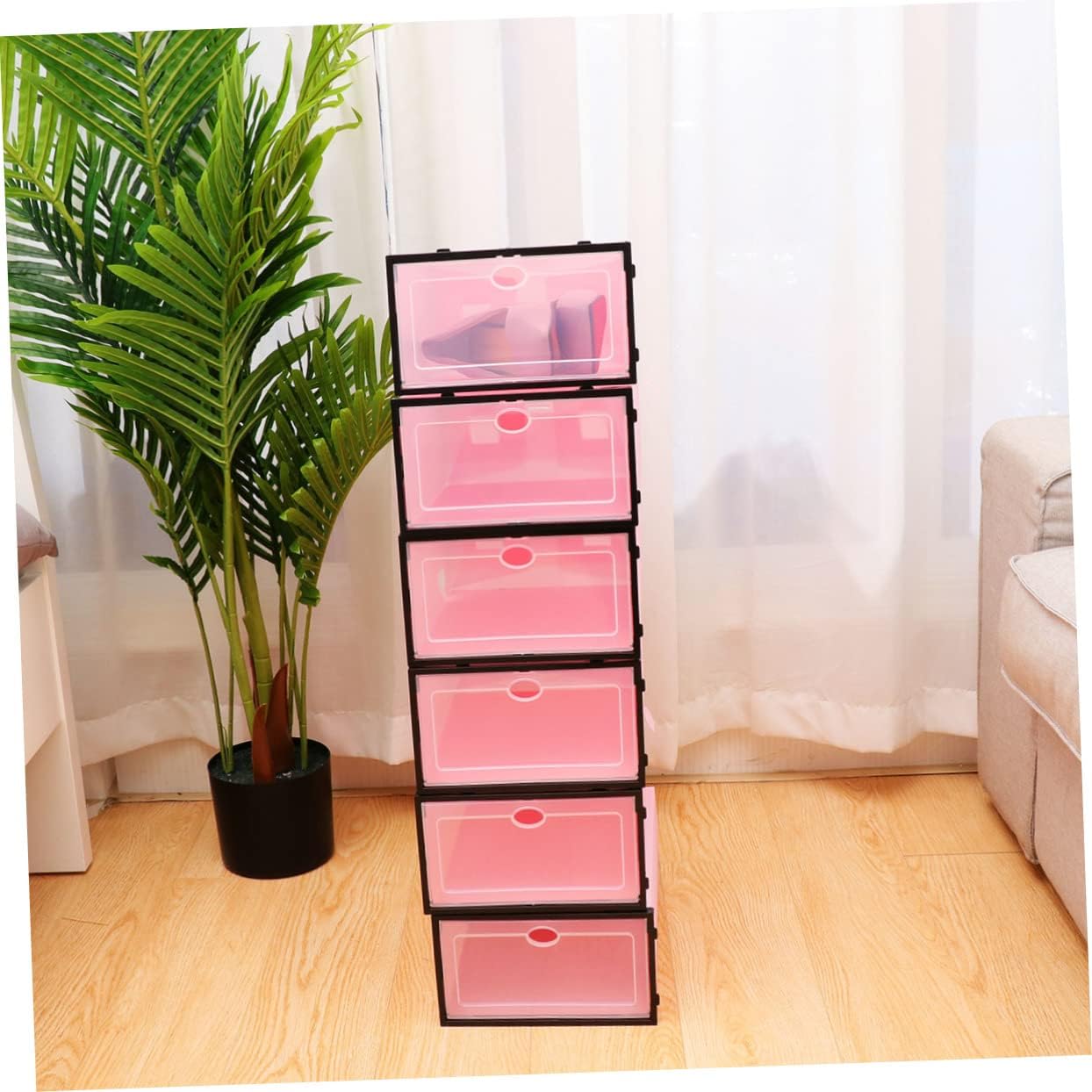 6pcs Thicken Shoe Storage Box Stackable Design Plastic Container for Organizing Sneakers Heels and Boots Pink Black Frame for Closet and Entryway