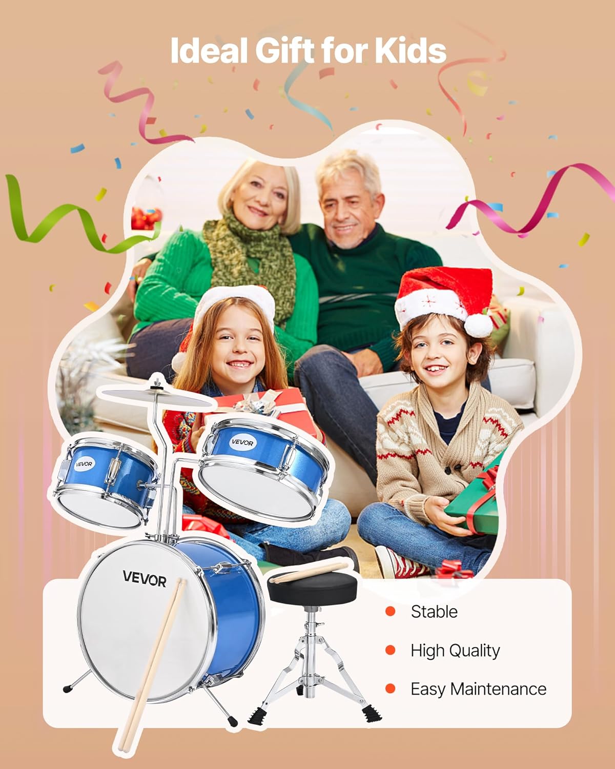 VEVOR Kids Drum Set, 3-Piece 14 in Junior Drum Sets, Beginner Drums Set with Adjustable Throne, Cymbal & Two Pairs of Drumsticks, Musical Learning Drums Instruments Kit, for Children Ages 6-13 (Blue)