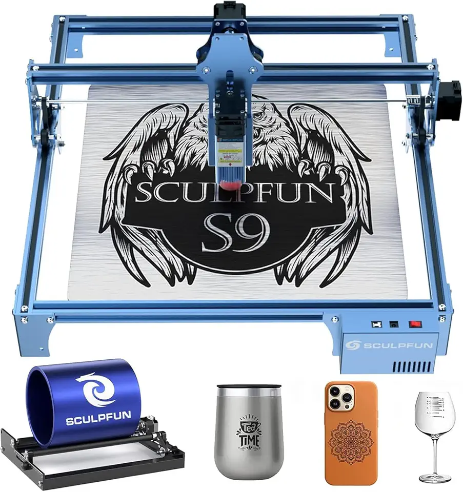 SCULPFUN S9 Gravador a Laser com Rolo Giratório a Laser, Máquina de Gravação a Laser de Alta Precisão, Corte Profundo para Madeira Compensada de 6 mm, Área de Gravação 410 x 420 mm