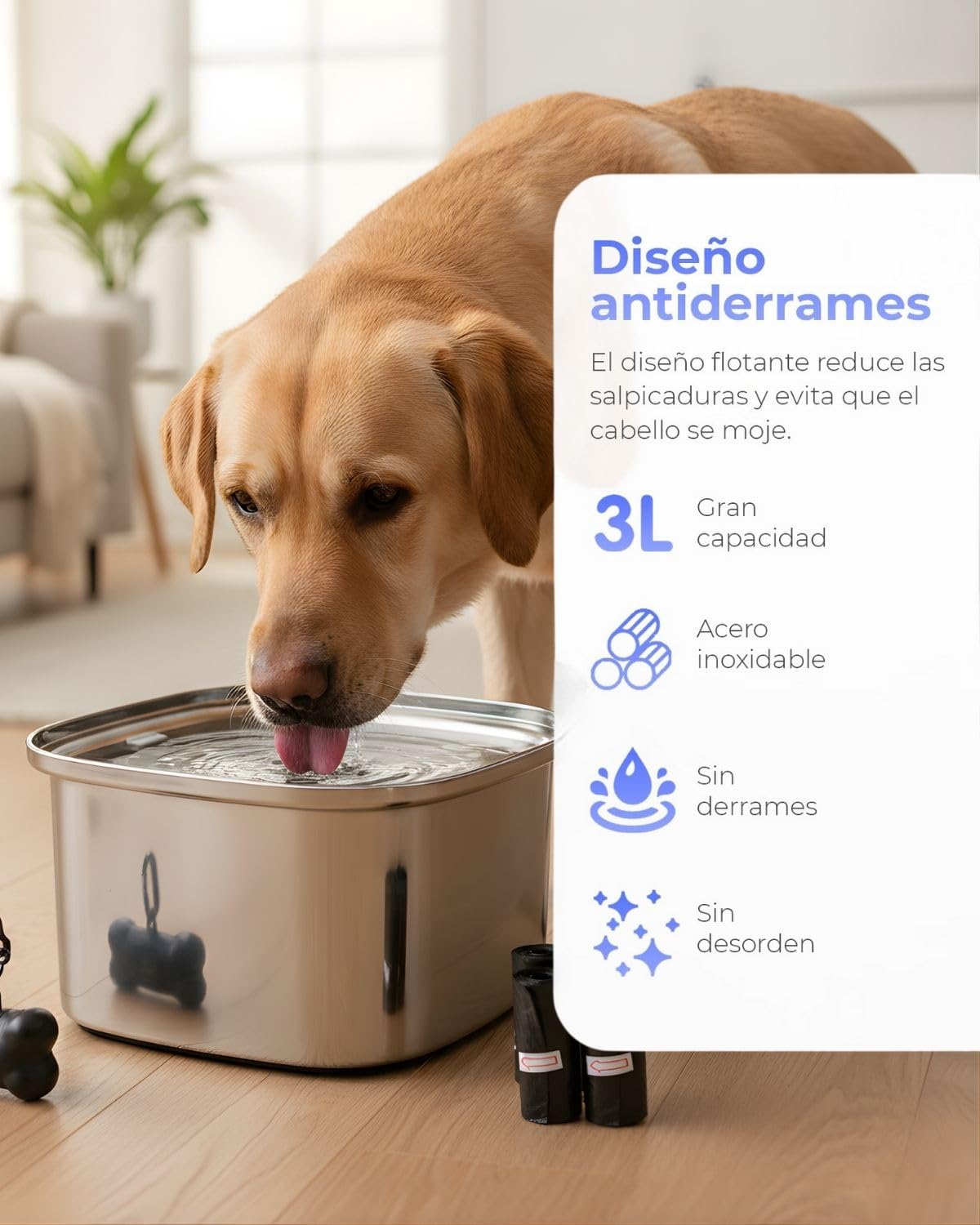 Bebedero Perro - 3L de Capacidad - Antigoteo, Antisalpicaduras y Antivuelco - Acero Inoxidable -Antideslizante - Apto Interior y Exterior - Incluye Dispensador + 4 Rollos de Bolsas