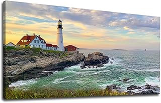 tigeridge Portland Head Light Wall Art Sunset Lighthouse Canvas Wall Art for Living Room Ocean Canvas Pictures Seascape Artwork Canvas Prints Office Home Wall Decor Framed Ready to Hang 20" x 40"