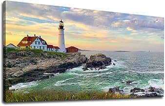 Sunset Sea Canvas Wall Art for Living Room Wall Decor Portland Head Lighthouse Canvas Pictures Sunset Seascape Ocean Canvas Prints Artwork Office Home Wall Decorations Framed Ready to Hang 60 x 120 CM