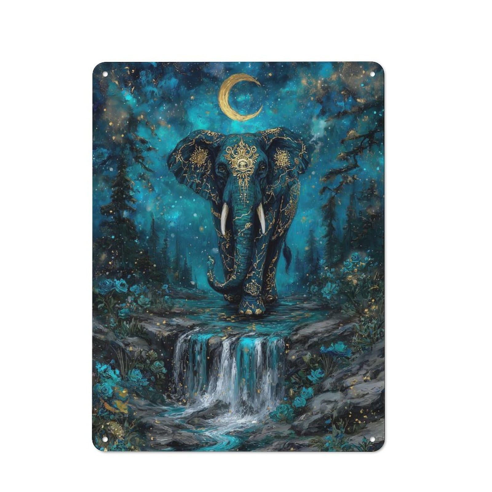 Junmoney Elephant In Teal Forest With Moon Vintage Tin Sign 40X30cm Featuring For Workshop Wall, Gift For Metal Sign Collectors During The Christmas Season