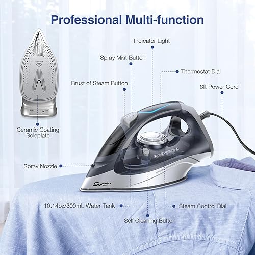 Miniatura 8 de Sundu Plancha de vapor de 1700 W para ropa con suela revestida de cerámica de calentamiento rápido, plancha de vapor con esfera de termostato