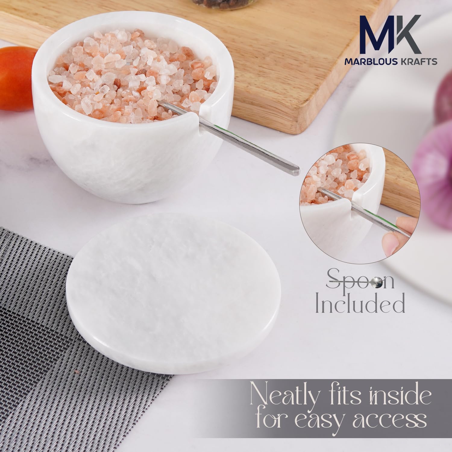 MARBLOUS KRAFTS White Marble Salt Cellar with Lid and Spoon 3 x 4 Inches Round Salt Bowl for Kitchen Countertop Salt and Sugar Container - Image 3