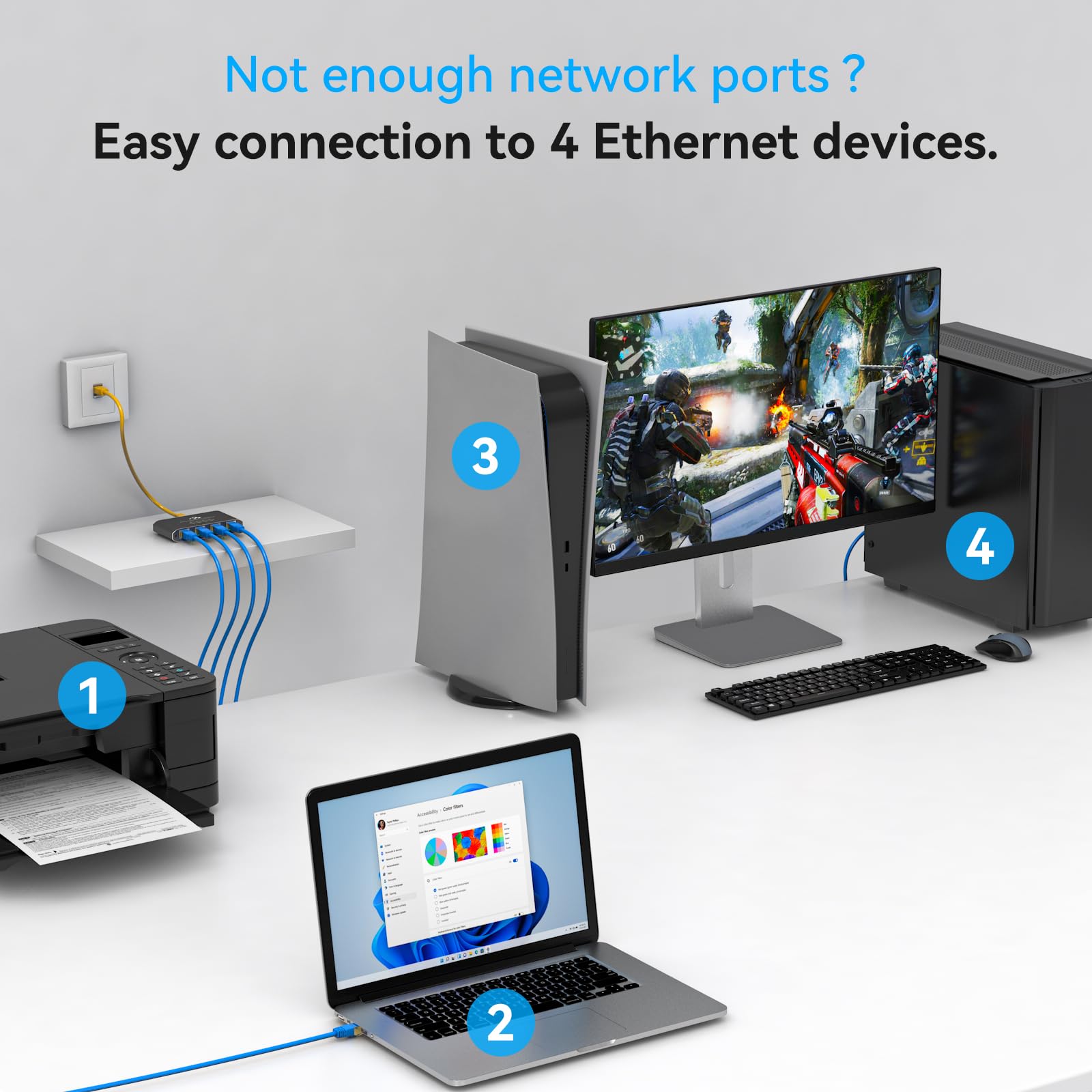 VEDINDUST Sdoppiatore Ethernet da 1 a 4 1000Mbps Switch di Rete LAN Gigabit 4 Porte Ethernet Splitter RJ45 LAN Splitter Con Cavo USB 3.0 a Type-C per Computer, Router, Set-top Box, TV