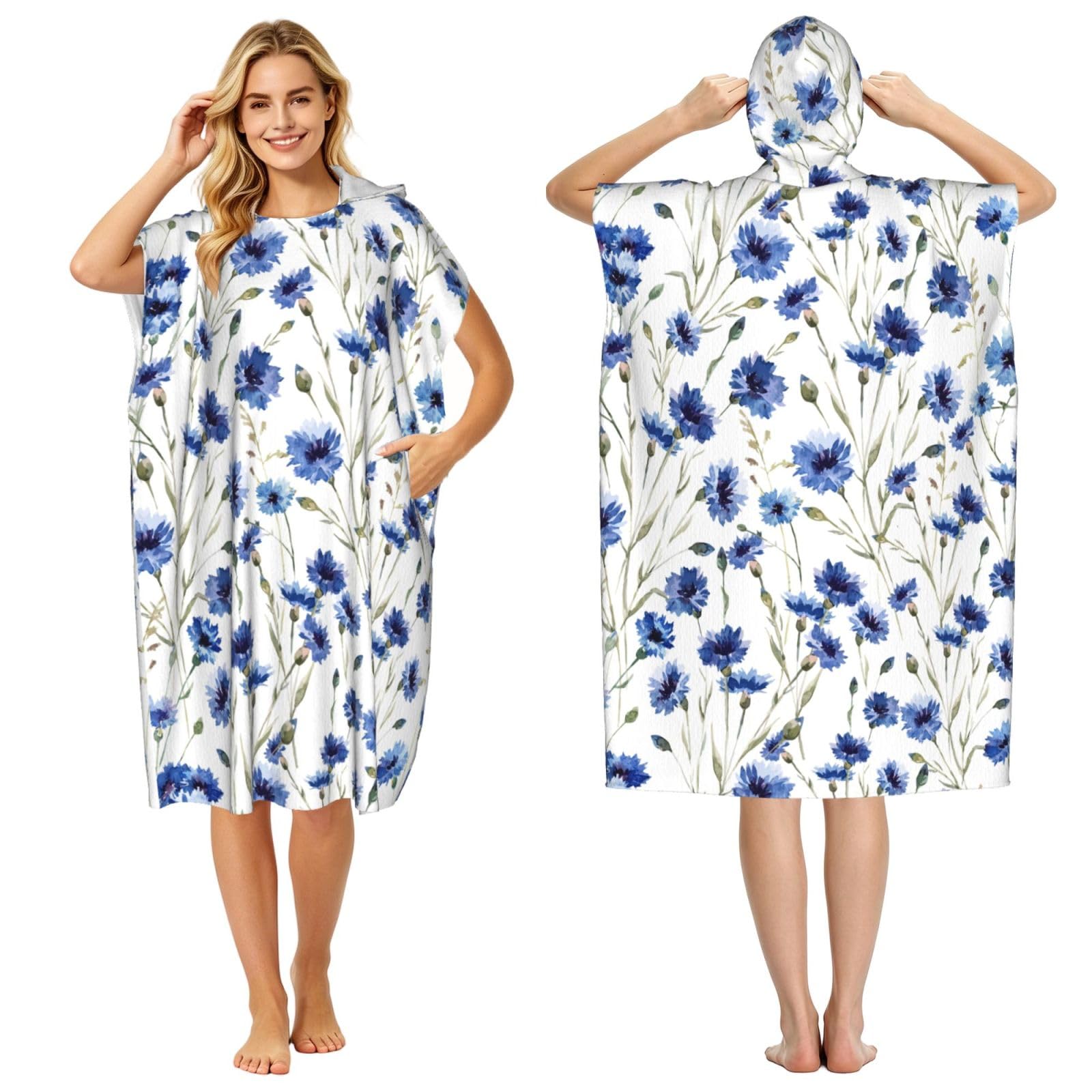Poadnly Flower Cornflower, Adult Hooded Beach Towel 90 x 110 cm,Changing Bath Robe, Surf Poncho Towel For Women Men