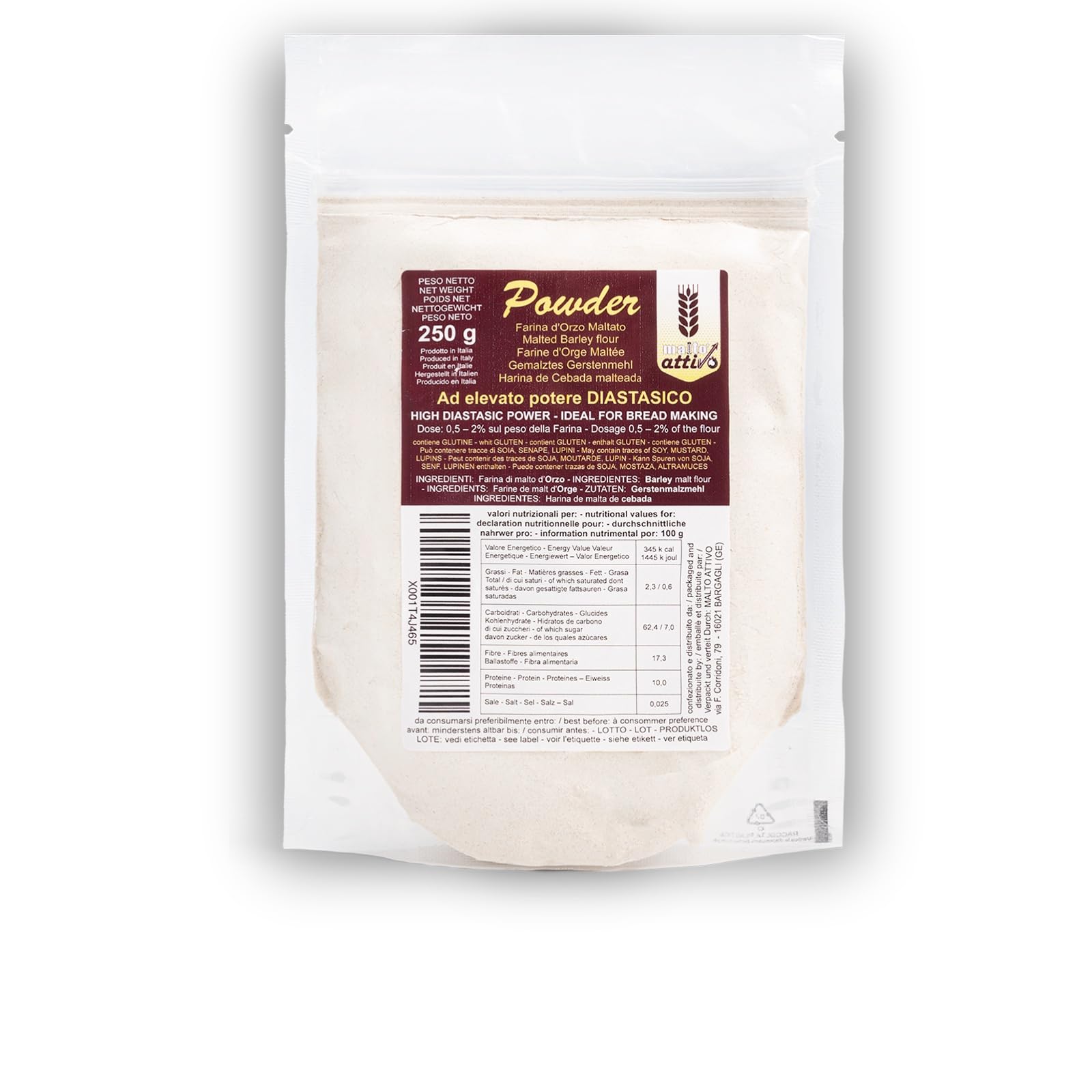 Malto Attivo Powder 250g Harina de Malta de Cebada Elevado Poder Diastásico Malta Diastásica Panificación