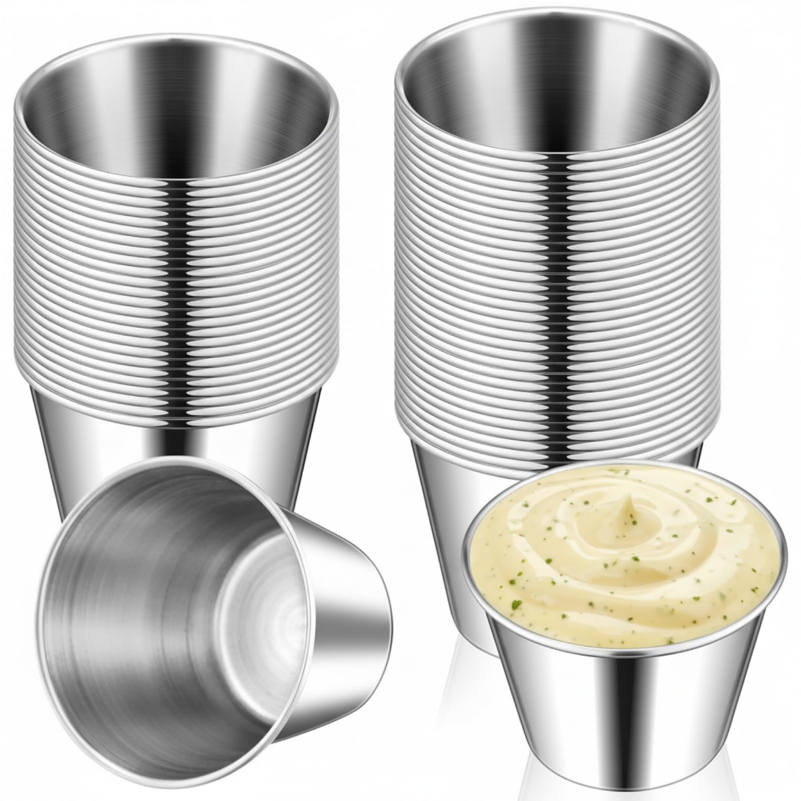 Roshtia 24 Pcs Stainless Steel Sauce Cups Bulk, 2.5 Oz Metal Ramekins Dip Sauce Cups Reusable Condiment Bowls Stackable Round Individual Dipping Bowls