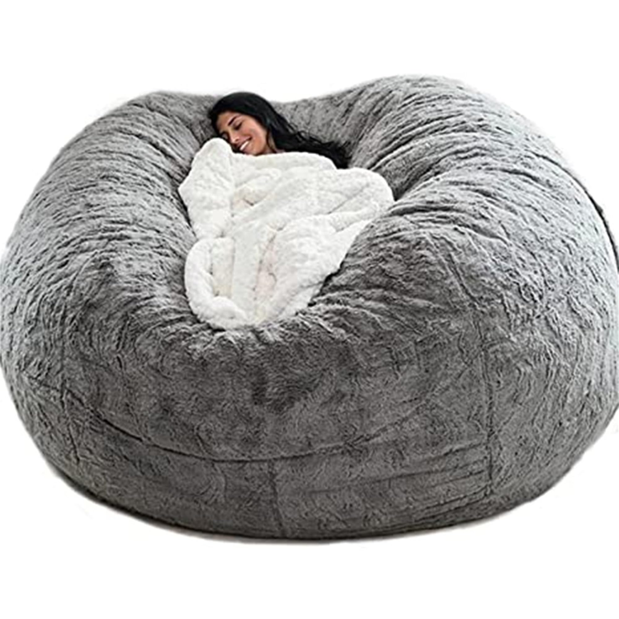 Giant Bean Bag Chair Cover – 5/6/7/8ft Faux Fur Fluffy Bean Bag Sofa Bed Cover, No Filler, Machine Washable