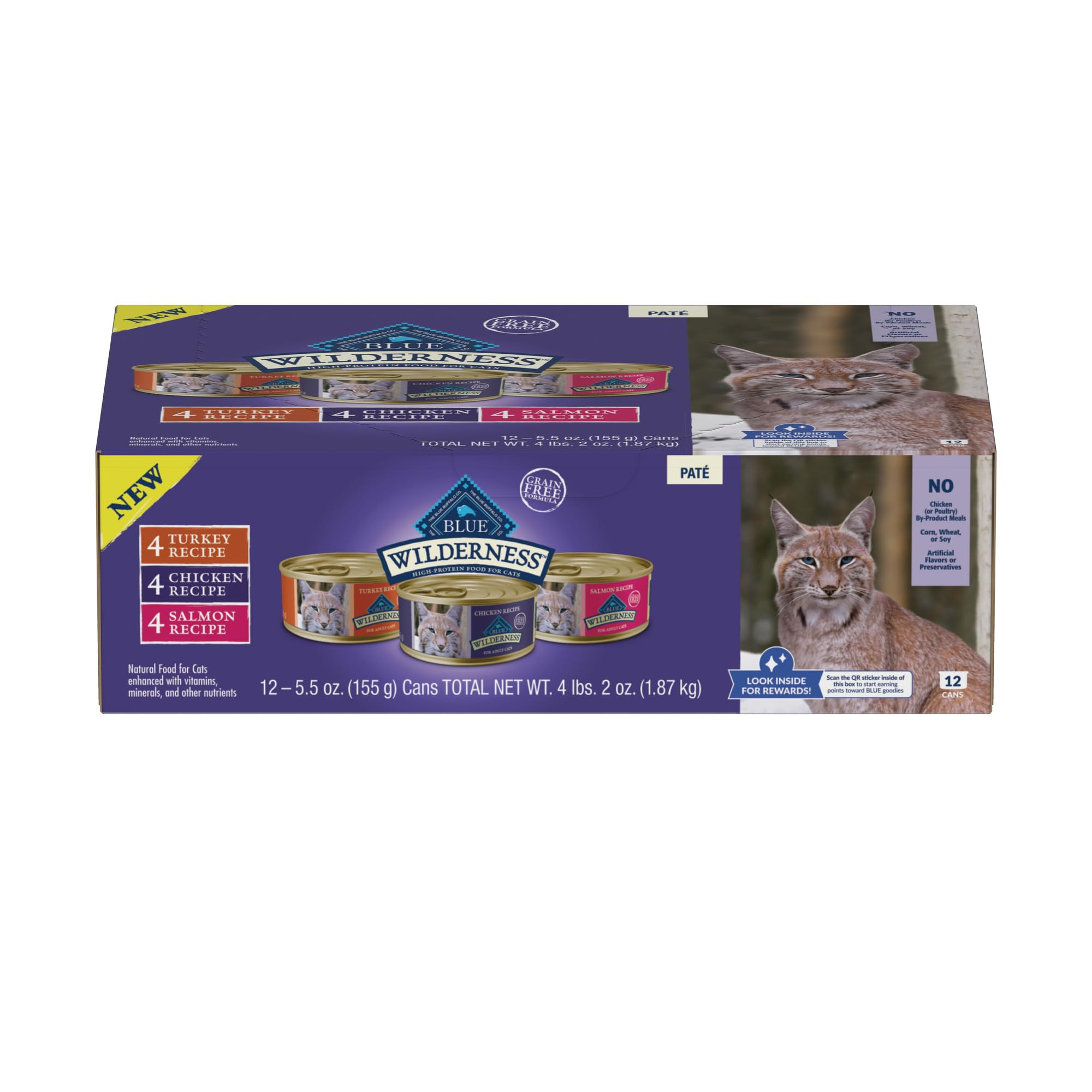Wilderness High Protein, Natural Adult Pate Wet Cat Food Variety Pack, Chicken, Salmon, Turkey 5.5-oz can (12 Count - 4 of Each Flavor)