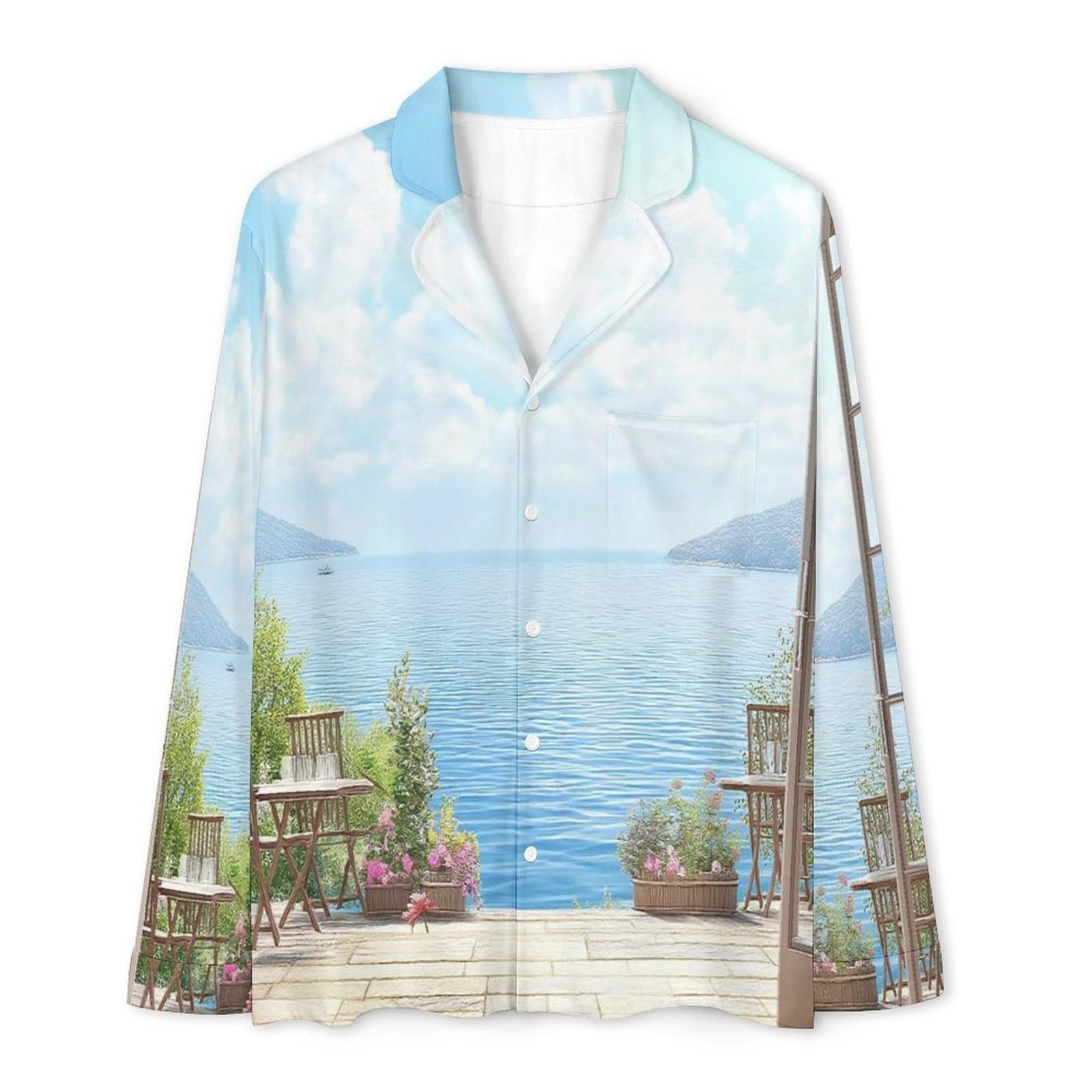 Completo Pigiama da Uomo - Giardino sul Mare Pigiama A Maniche Lunghe Abbigliamento da Casa 2 Pezzi Top + Pantaloni Morbido E Caldo Pigiama Autunnale E Invernale