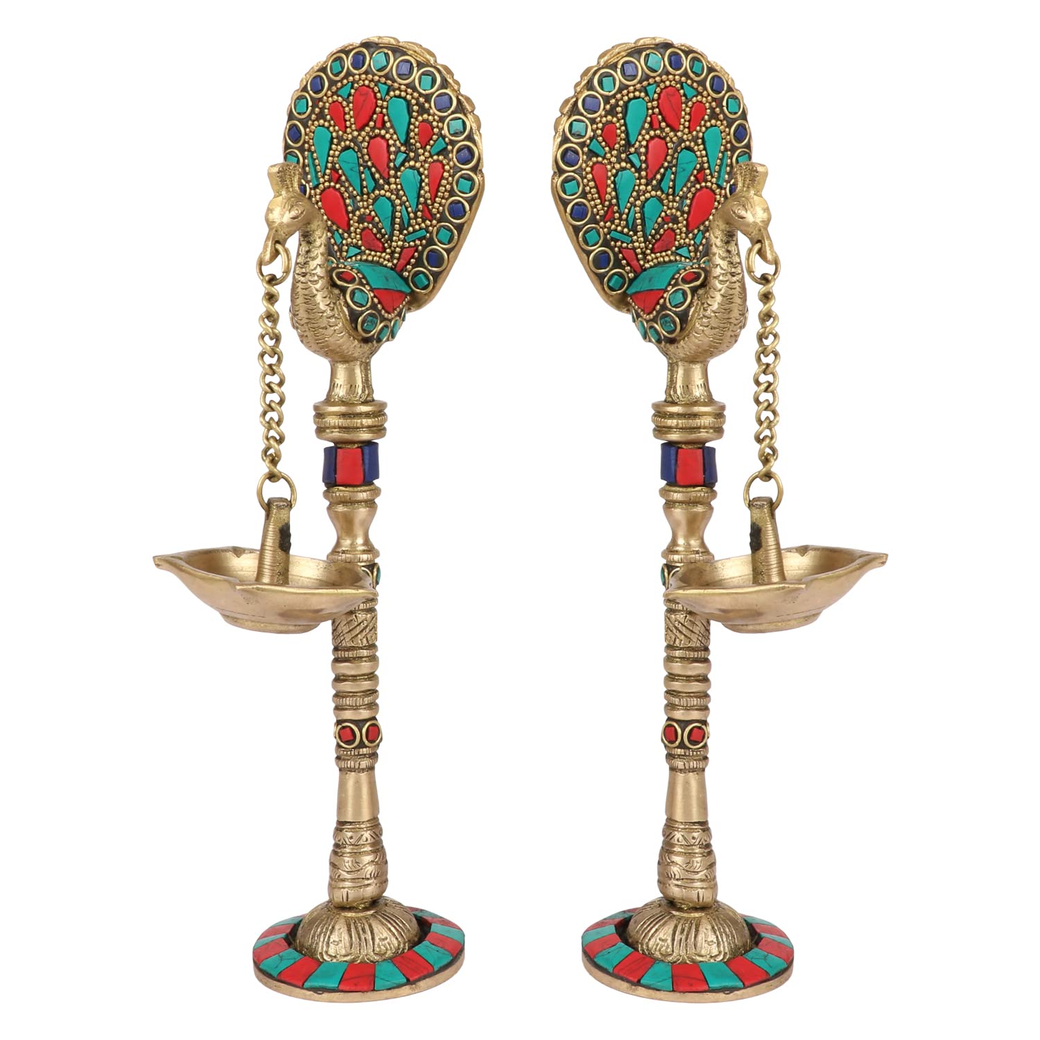 ARTVARKO Brass Pair of Bird Peacock Hanging Chain Diya Oil Lamp Stand, 9 Inches