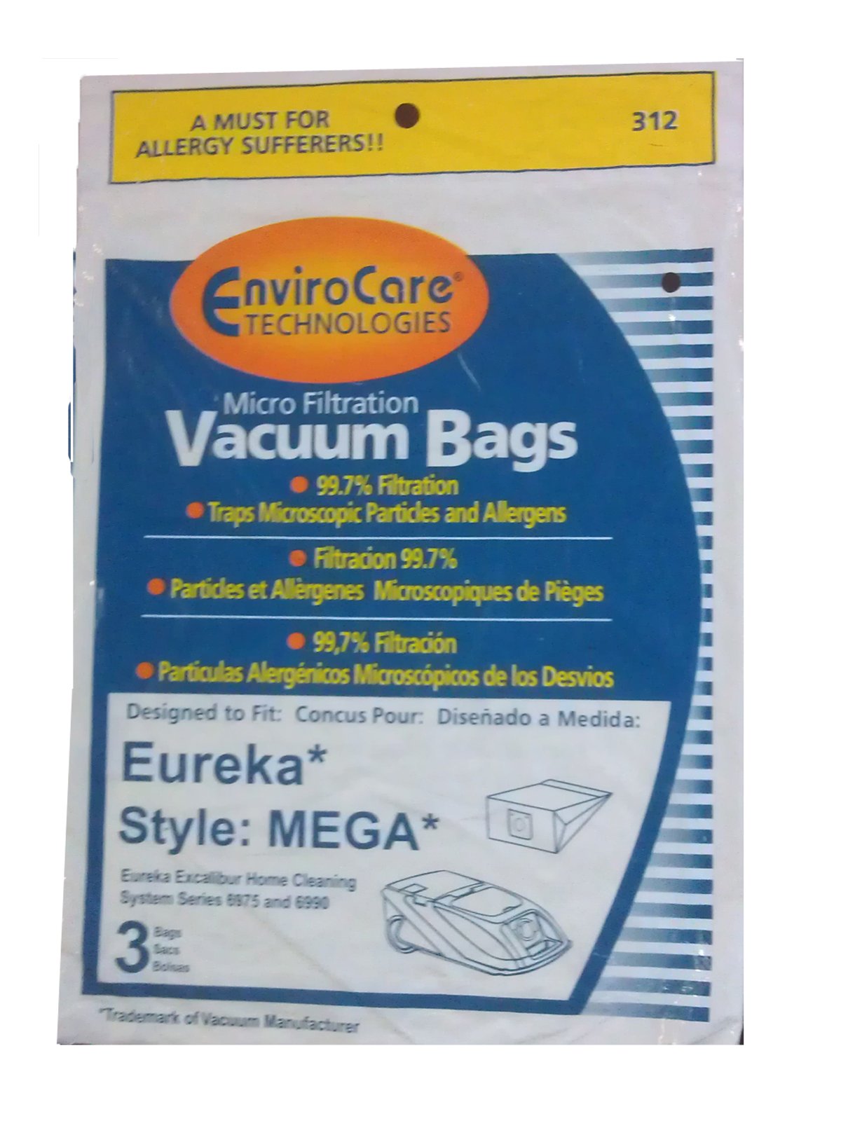 3 bags (1Pkg) Eureka MEGA #58624 (58624A)Cannister Vacuum Cleaner Allergen Style Bags Model Excalibur Powerteam 6975 and 6990