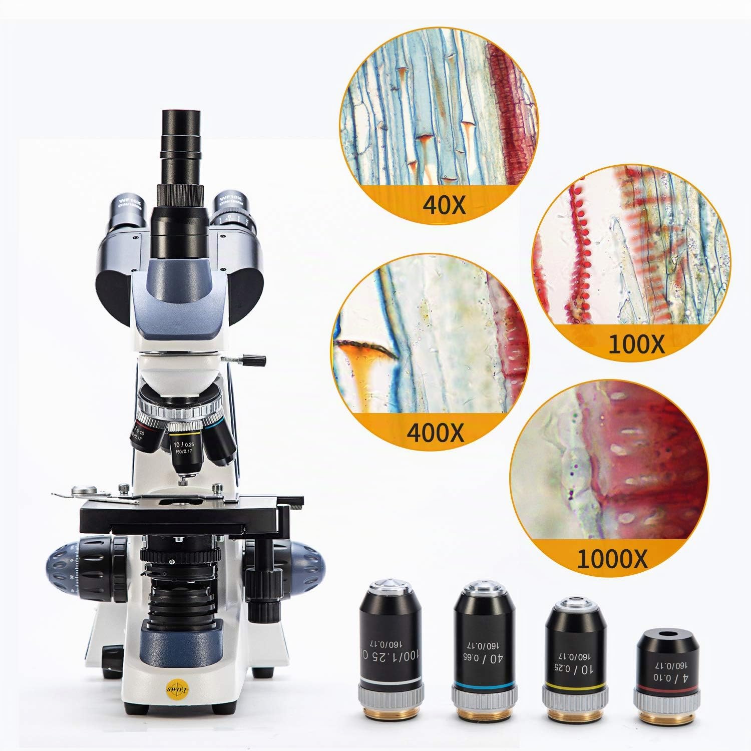 Swift Microscopio trinoculare composto SW380T, ingrandimento 40X-2500X, fase meccanica a due strati, fotocamera 5.0 MP, software Windows/Mac, 100 diapositive vuote