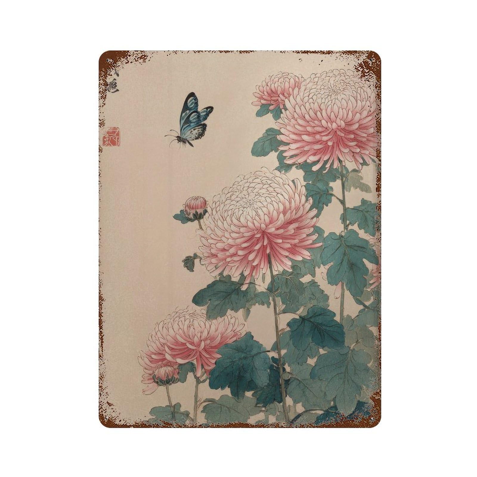 xiaoxiaoshen Chrysanthemums And Butterfly. Traditional Japanese Ukiyo Wall Decor Art Metal Tin Poster Modern Home Decor Art Home Bar Shop Decorations Vintage Sign 40x30cm