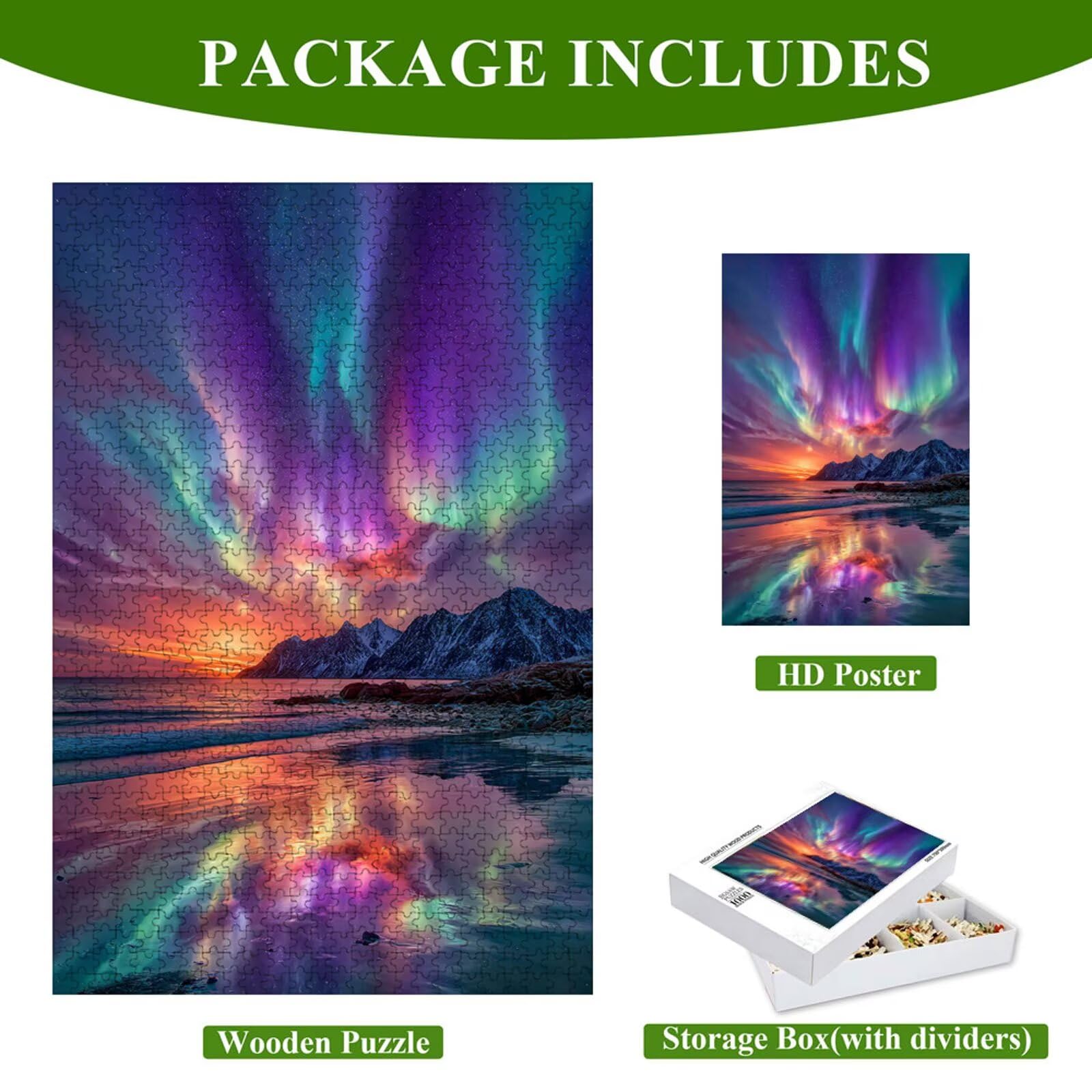 1500 elementów, puzzle dla dorosłych, góry i zorza polarna, solidne drewniane puzzle o idealnym dopasowaniu, 87 x 57 cm, w zestawie plakat, prezent i uwaga, dekoracja ścienna, nie dla dzieci poniżej