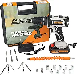 Parafusadeira e Furadeira Com Função Martelete Sem Fio Bateria 18v Mandril10mm Ajuste de Torque Bivolt Acompanha Maleta e Kit de Brocas - Pró Euro