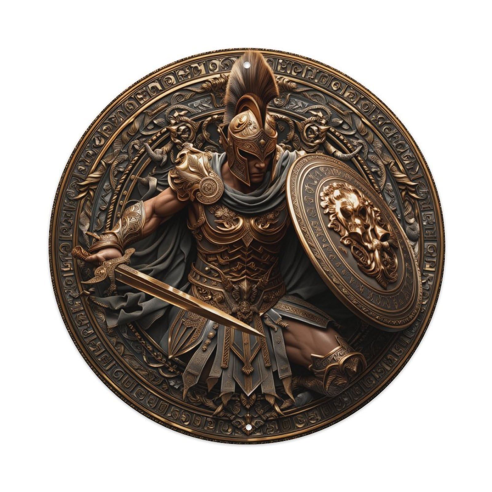 Ancient Warrior With Sword And Shield Round Tin Sign Retro Metal Sign for Cafe Bar Pub Home Game Room Gym Club Wall Decoration Vintage Metal Poster 8x8 Inch
