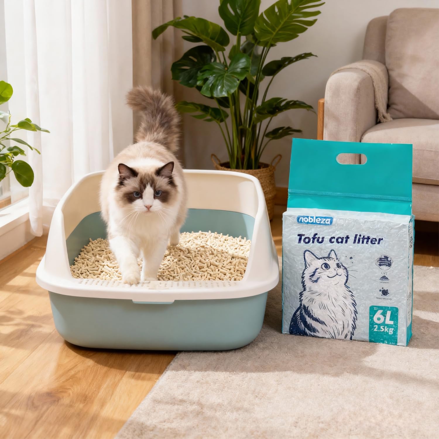 Nobleza Arena de Tofu para Gatos 20KG (8x2.5KG), Arena Aglomerante Natural, Sin Polvo, Control de Olores, Alta Absorción, Desechable en el Inodoro
