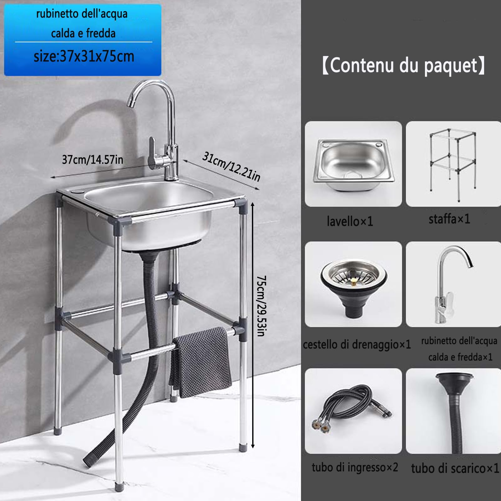 Fregadero de Acero inoxidable, grifo mezclador de Agua fría y Caliente, fregadero independiente para comedor, cocina, garaje Industrial, lavadero con desagüe (37x31x75cm)