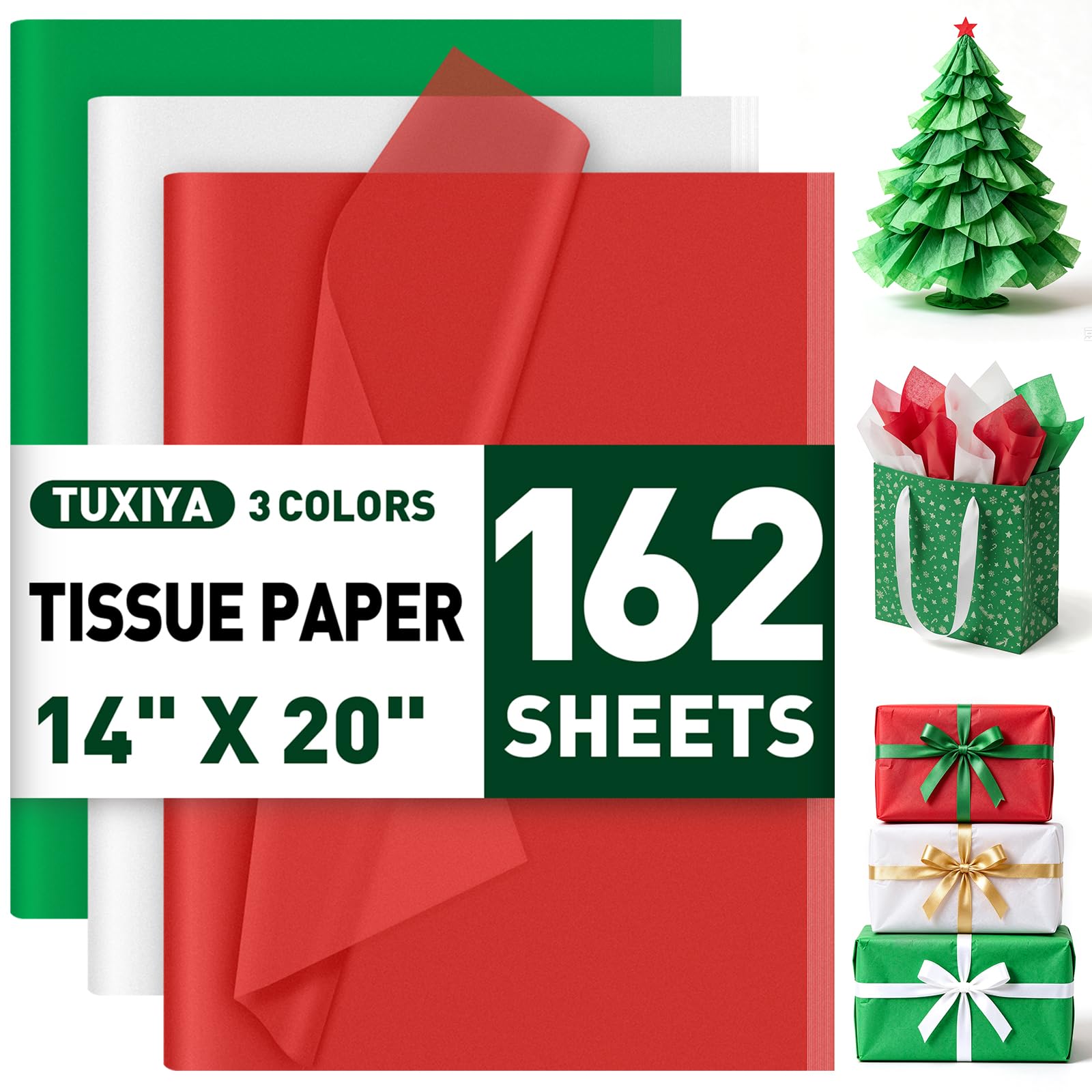 TUXIYA 162P Christmas Tissue Paper,14"x20" Red Green White Wrapping Paper