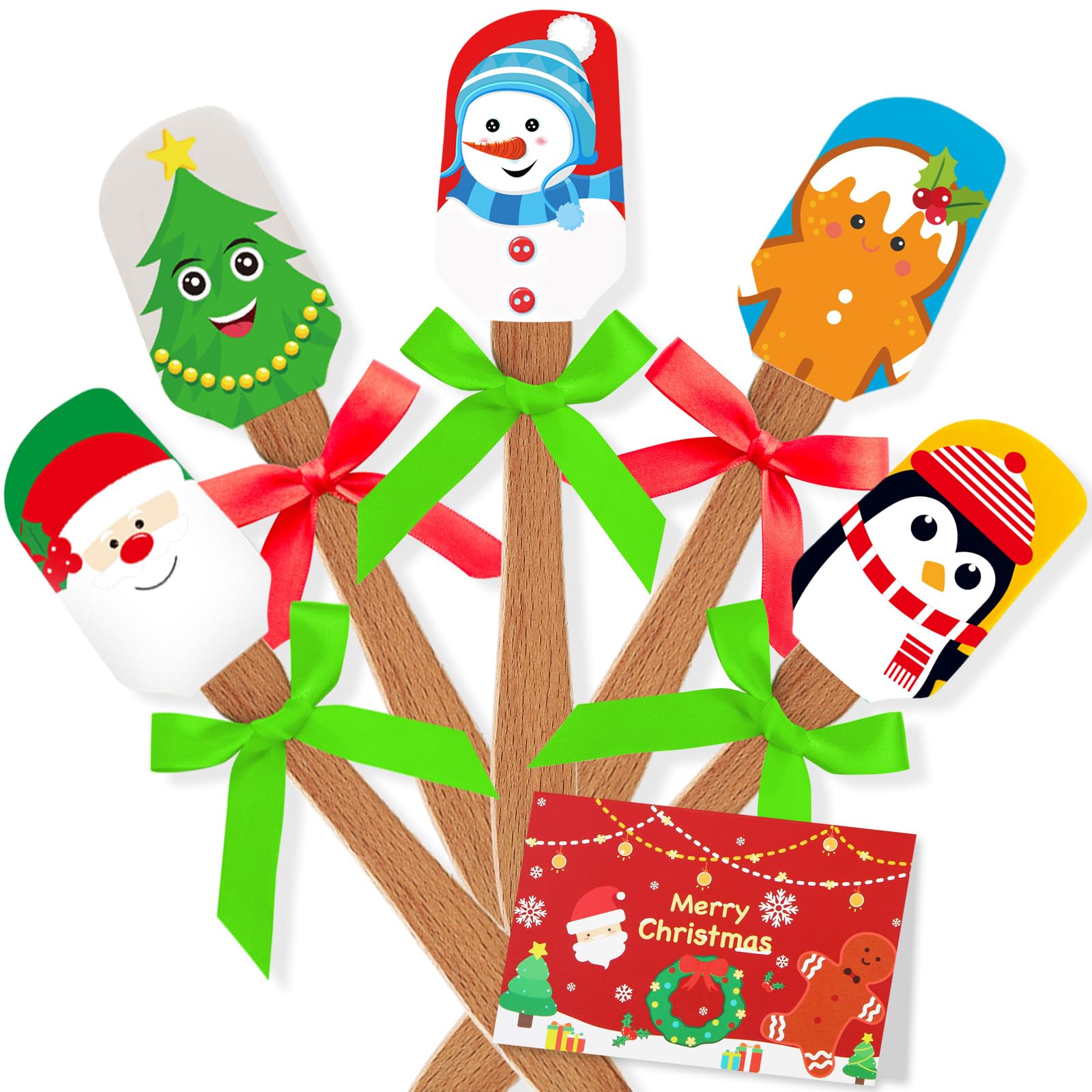 10 Sets Christmas Silicone Spatula Cake Spatula Bulk Cooking Scraper with Wooden Handle Xmas Greeting Card Ribbon for Christmas Decoration Holiday Gifts Kitchen Party Favors (Cute Style)