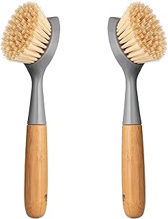 2 Pack Kitchen Dish Brush Bamboo Handle Dish Scrubber Built-in Scraper, Scrub Brush for Pans, Pots, Kitchen Sink Cleaning, Dishwashing and Cleaning Brushes are Perfect Cleaning Tools, Color-Gray