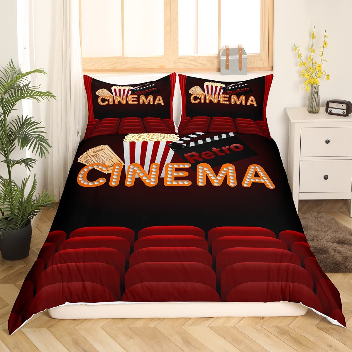 Homewish Juego de Funda de edredón de película Super King,Juego de Ropa de Cama de película de Palomitas de maíz,Retro,Cine,Rojo y Negro,Funda de edredón de Cine de Dibujos Animados,decoraci