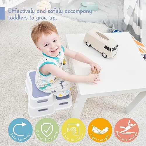 Miniatura 4 de Forbena Taburete de baño para niños, taburete de 2 escalones para entrenamiento de inodoro para niños pequeños, taburete de plástico resistente para