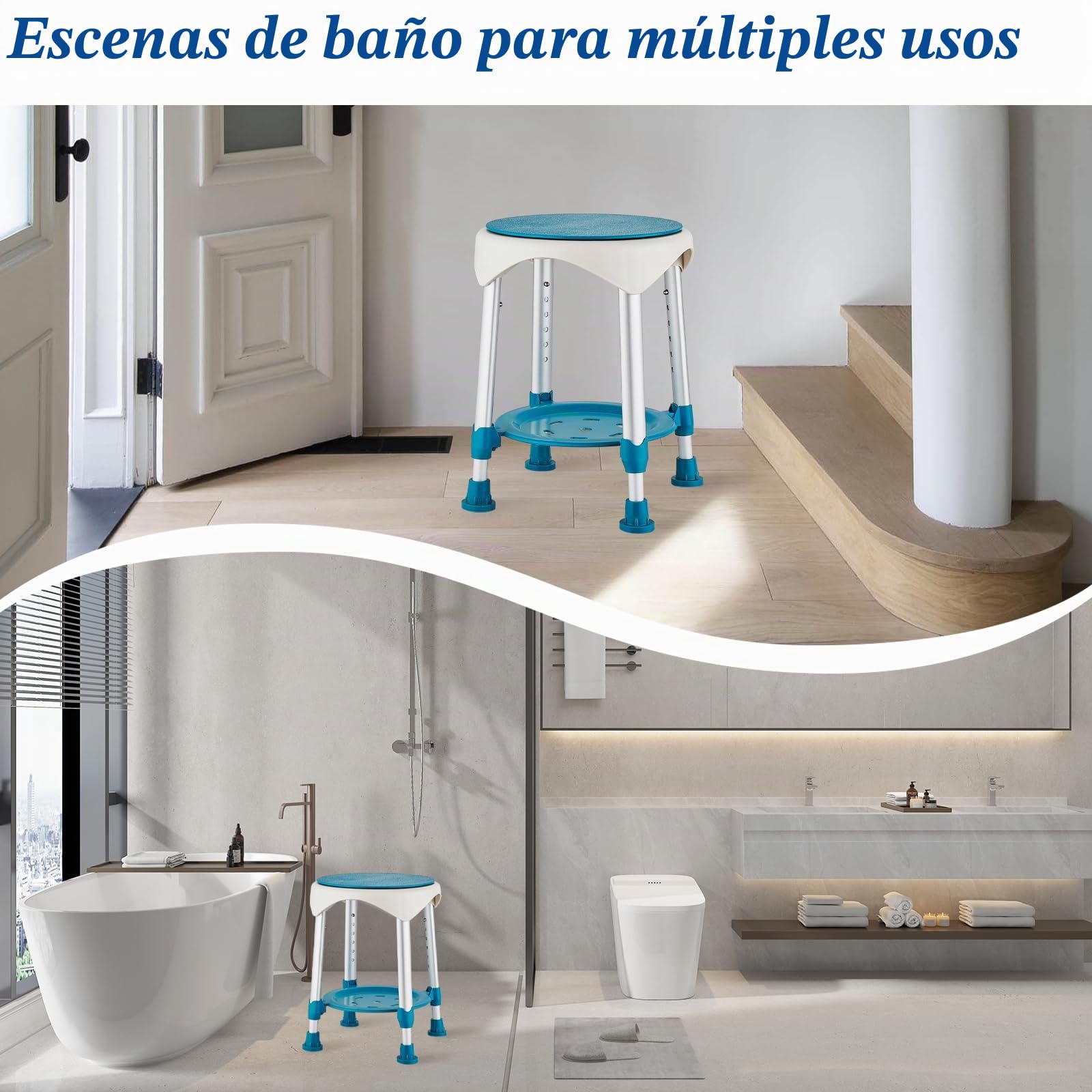 Taburete De Ducha,Asiento De Ducha Giratorio 360°con Patas De Goma Antideslizantes,Taburete Giratorio Mejorado para Personas Mayores,Silla De Baño Ajustable en Altura en 6 Niveles con Estante