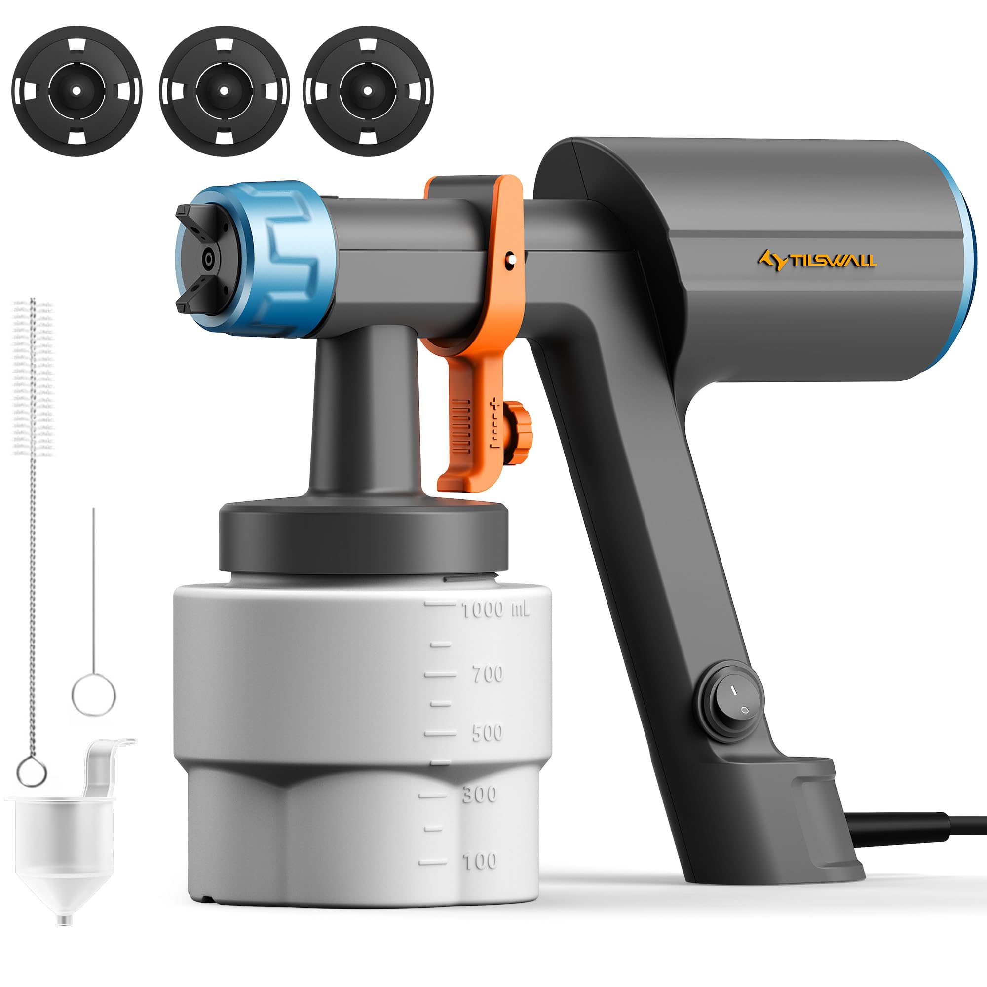 Tilswall Pistola de Pintura Eléctrica HVLP 600W, 1200 mL/min, 3 Boquillas y 3 Patrones, Fácil de Limpiar para Vallas, Cobertizos, Paredes, Techos, Muebles, Gabinetes, Jardín y DIY