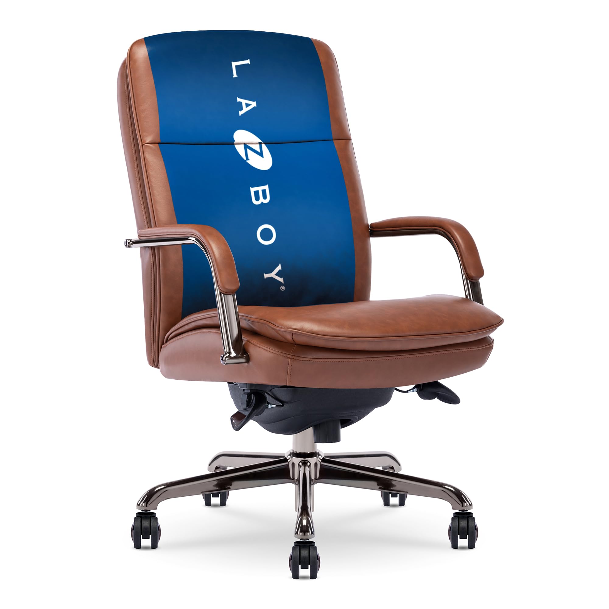 La-Z-BoyOpus Executive Mid-Back Office Chair, Channel-Tufted Seat and Back, Double-Layer Cushion, Padded Arms, Ergonomic Computer Desk Chair, Swivel Metal Base, Bonded Leather, Cognac and Graphite