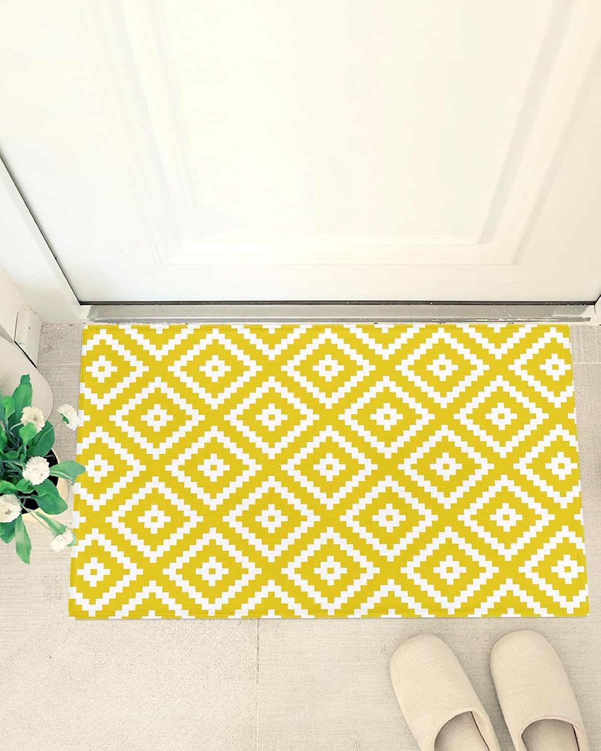 Geometric Plush Shag Bath Rugs Abstract Diamond Plaid Soft Fluffy Floor Doormat Carpet,Non-Slip Door Mats for Living Room Bedroom Kitchen Entryway Yellow Geometrical Art