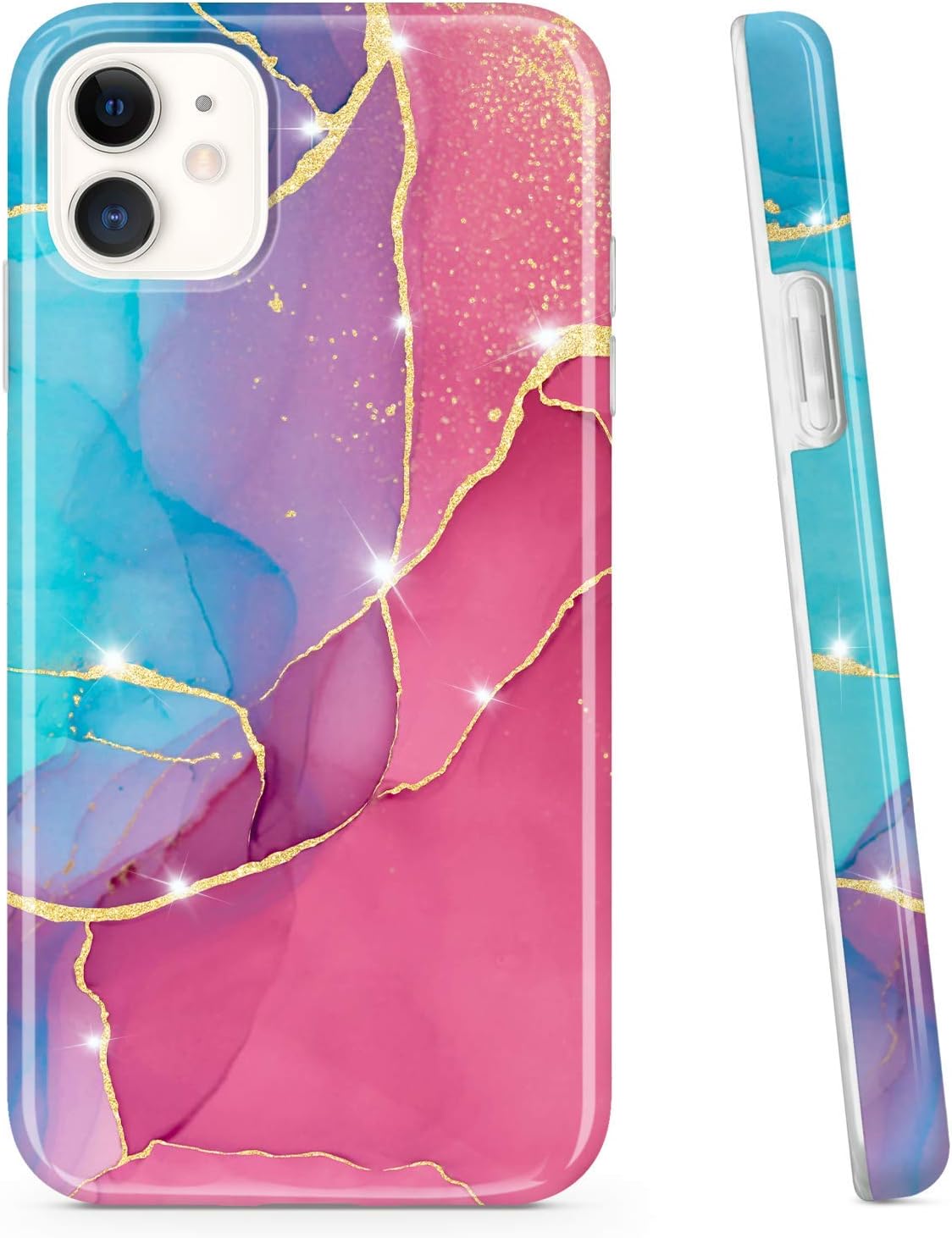 SUGUAN 6.1 inches Apple iPhone 11 Phone Cases, Gold Glitter Shiny Marble Design Soft TPU Protective Cover (Rose Red)