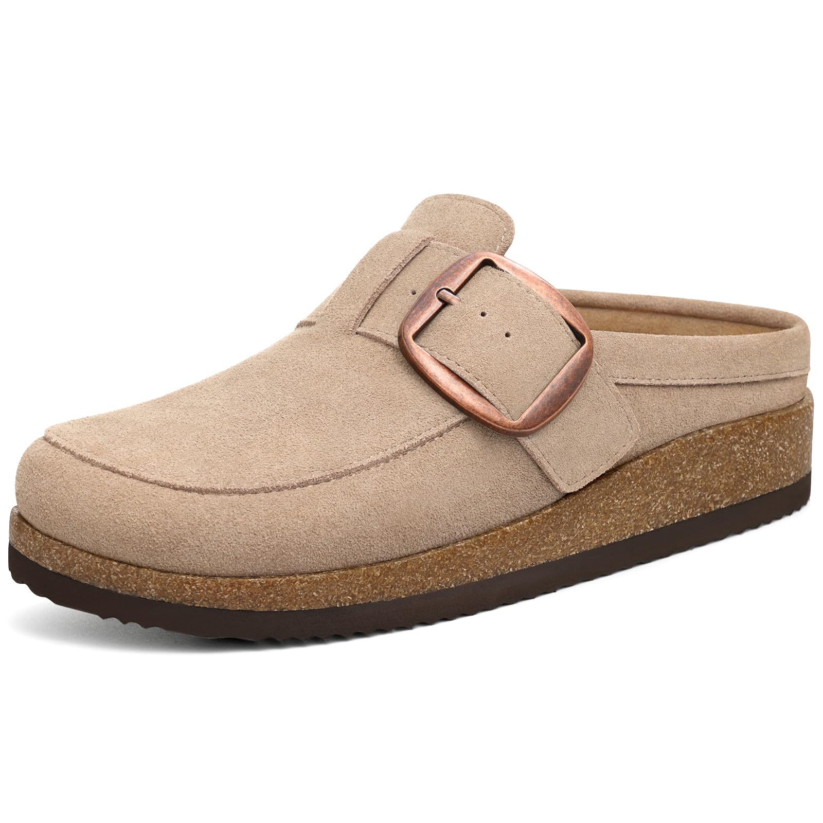 KIDMI Women's Genuine Suede Slip On Clogs with Big Buckle, Apricot, 35