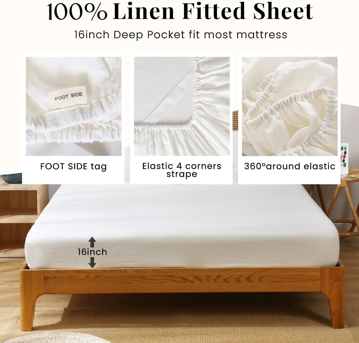 S VICTORY SYMBOL 100% Organic French Linen Sheets Set,Natural Linen Bed Sheets,Ultra Soft Stone Washed Flax Linen Sheet Set(Creamy-White,Queen)