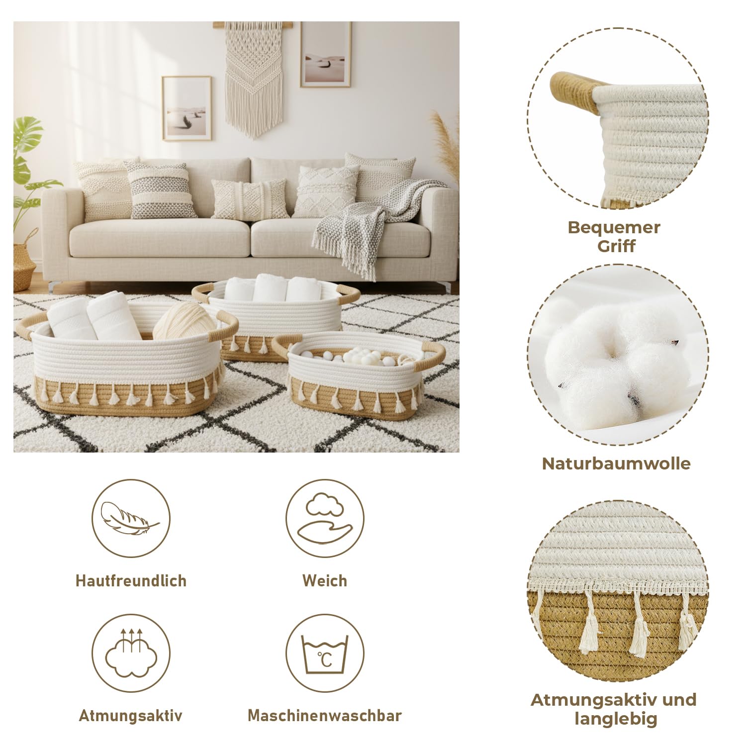 danpinera 3er Aufbewahrungskörbe Set aus Baumwollseil – Woven Rope Storage Baskets mit Griffen, Boho Quasten Deko körbchen, für Wohnzimmer, Schlafzimmer, Kinderzimmer, Große/Mittlere/Kleine Weiß-Khaki