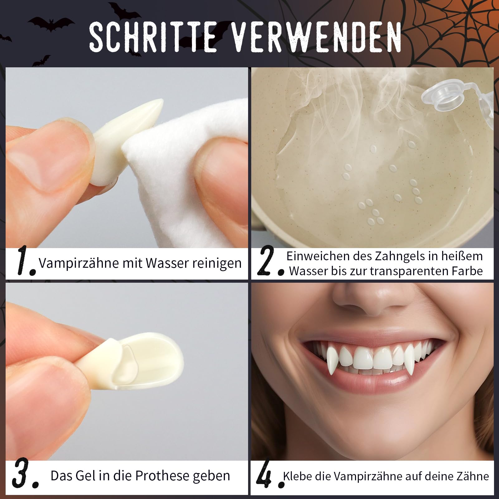 12 par zębów wampirów na Halloween, 4 rozmiary, wampiry, cosplay, pellet, klej do cosplay, rekwizyty, Halloween, demony, czarownica