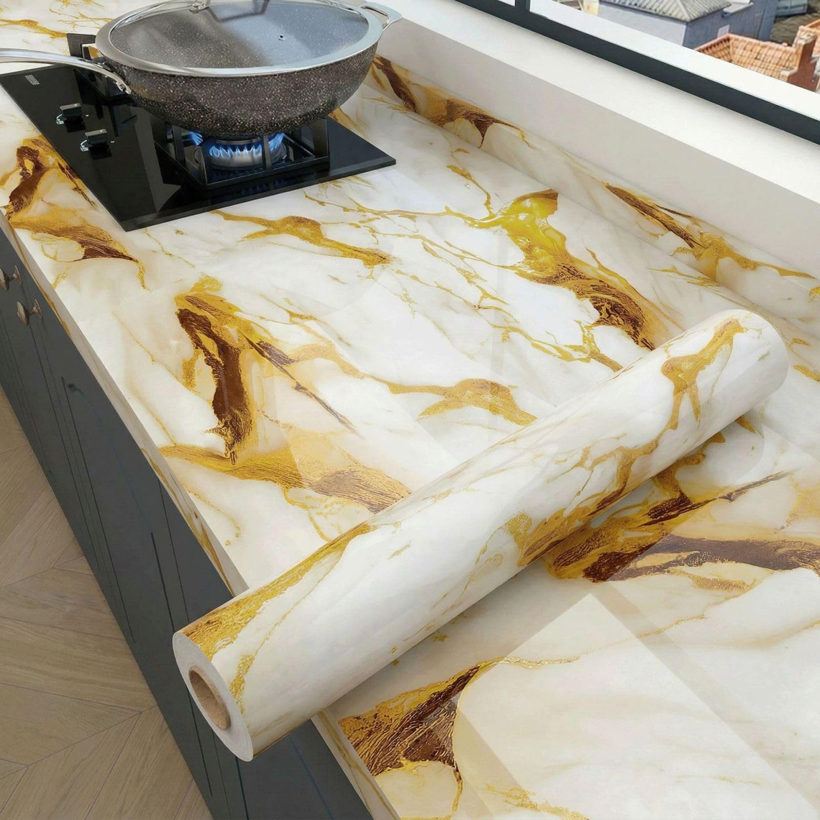Papier samoprzylepny do mebli 40 x 500 cm abstrakcyjne białe złote mleko tapeta ścienna samoprzylepna obieranie i przyklejanie wodoodporne naklejki meble do kuchni sypialnia kominek szafa