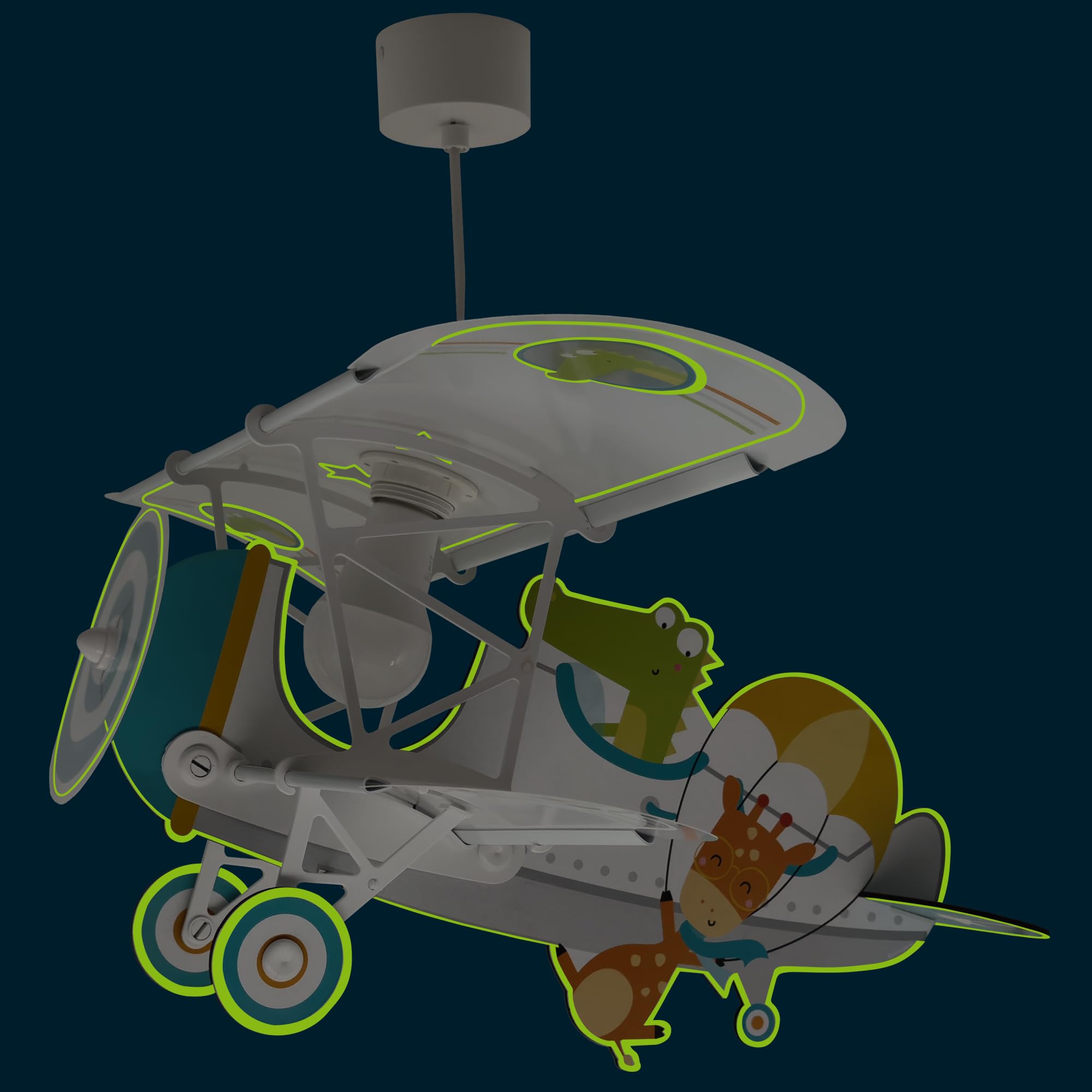 Dalber Lámpara Techo Colgante Infantil Avión Cocodrilo Blanco 54542 E27 | E27 - 15W; Habitación niños; lámparas infantiles; brilla en la oscuridad;
